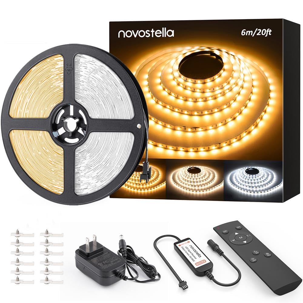 NOVOSTELLA 20ft Tunable White LED Strip Light kit Dimmable 3000K-6500K 24V LED Tape Light with Remote Flexible Rope LED Ribbon for Bedroom Home Lighting Mirror Kitchen Bar Cabinet Daylight Warm White
