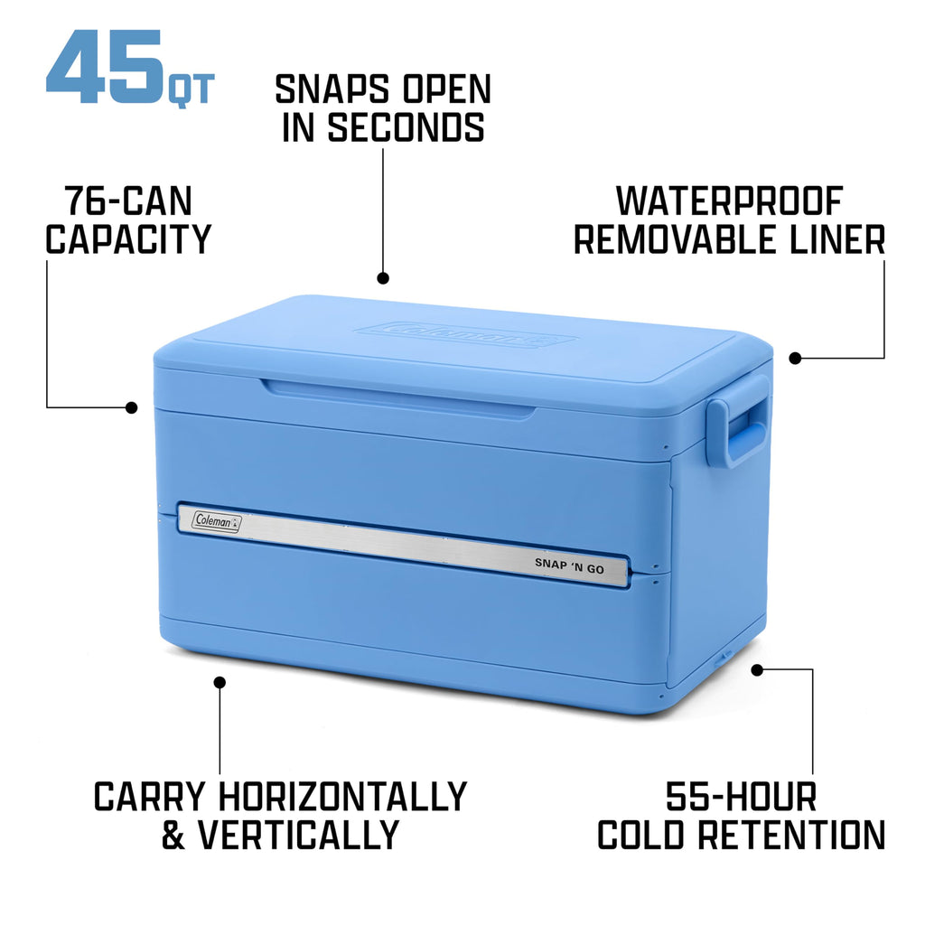 Coleman Snap N Go 45qt Collapsible Hard Cooler, Keeps ice Cold for up to 55 Hours, Holds up to 76 cans, Collapses up to 1/3 its Size, Can Hold up to 200 pounds, Blue Sky
