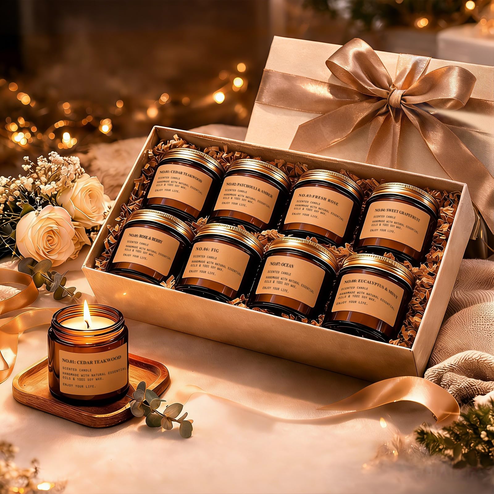 Scented Candles for Home,8 Pack Soy Wax Candle Set,Scented Candles Gift Set,Aromatherapy Candles, Amber Jar Vintage Apothecary Style, 8 Scents Gift Set